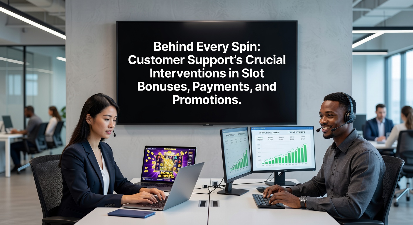 A customer support team resolving a slot bonus dispute in a bustling online casino operations center, screens glowing with player queries and transaction logs