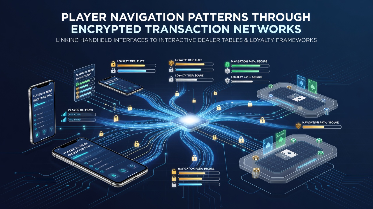 Diagram showing encrypted pathways from mobile devices through secure networks to live dealer tables and loyalty databases