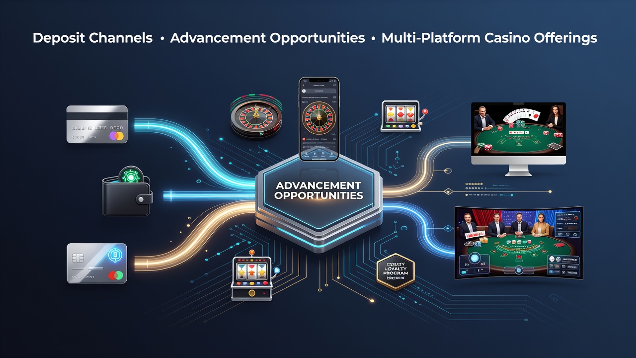 Multi-platform casino interface showing deposit options linking to player advancement tiers on mobile and desktop screens