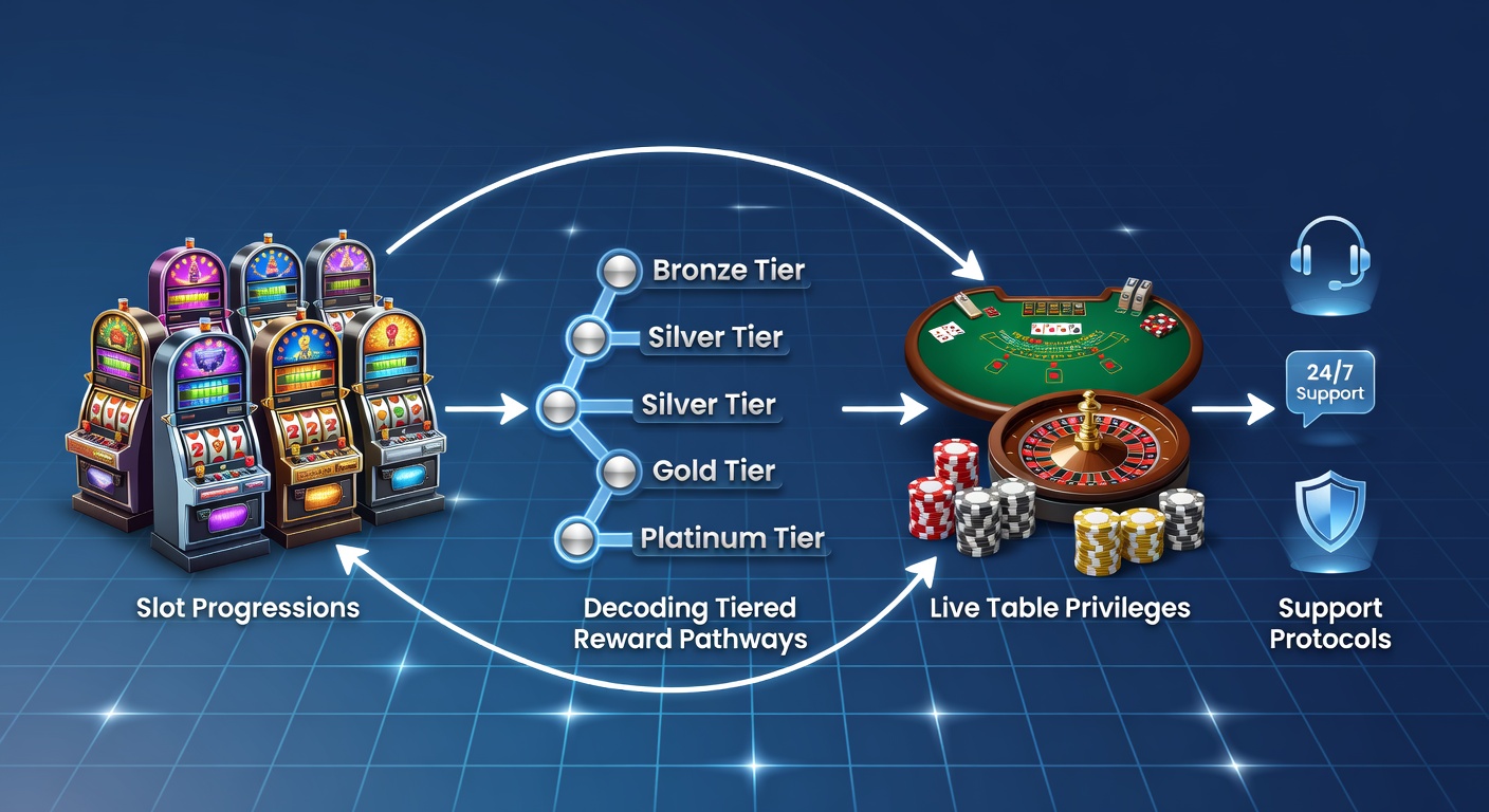 Diagram showing tiered reward pathways connecting slot machine progressions to live table game privileges and enhanced support protocols in casino loyalty systems