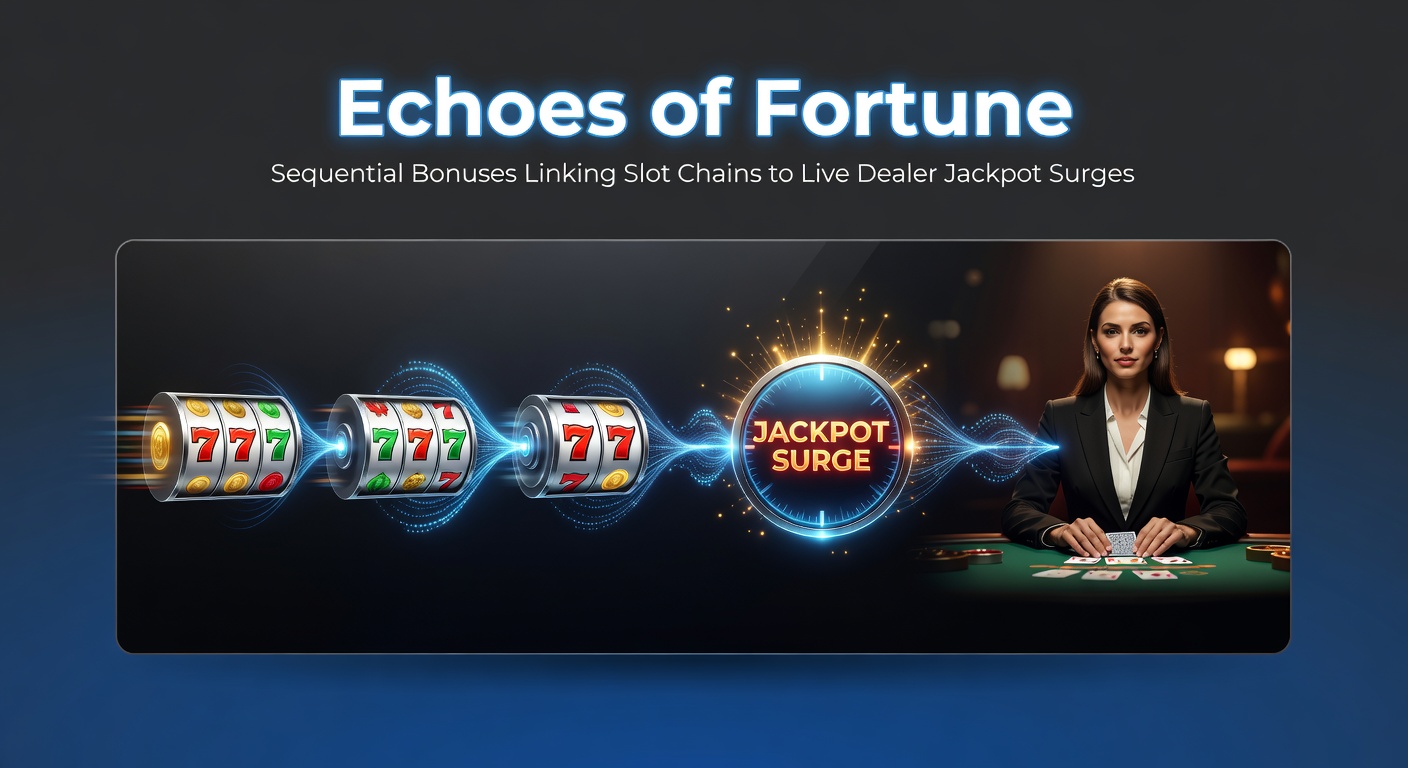 Vibrant slot reels cascading into live dealer tables with glowing jackpot meters surging upward, illustrating sequential bonus chains in action