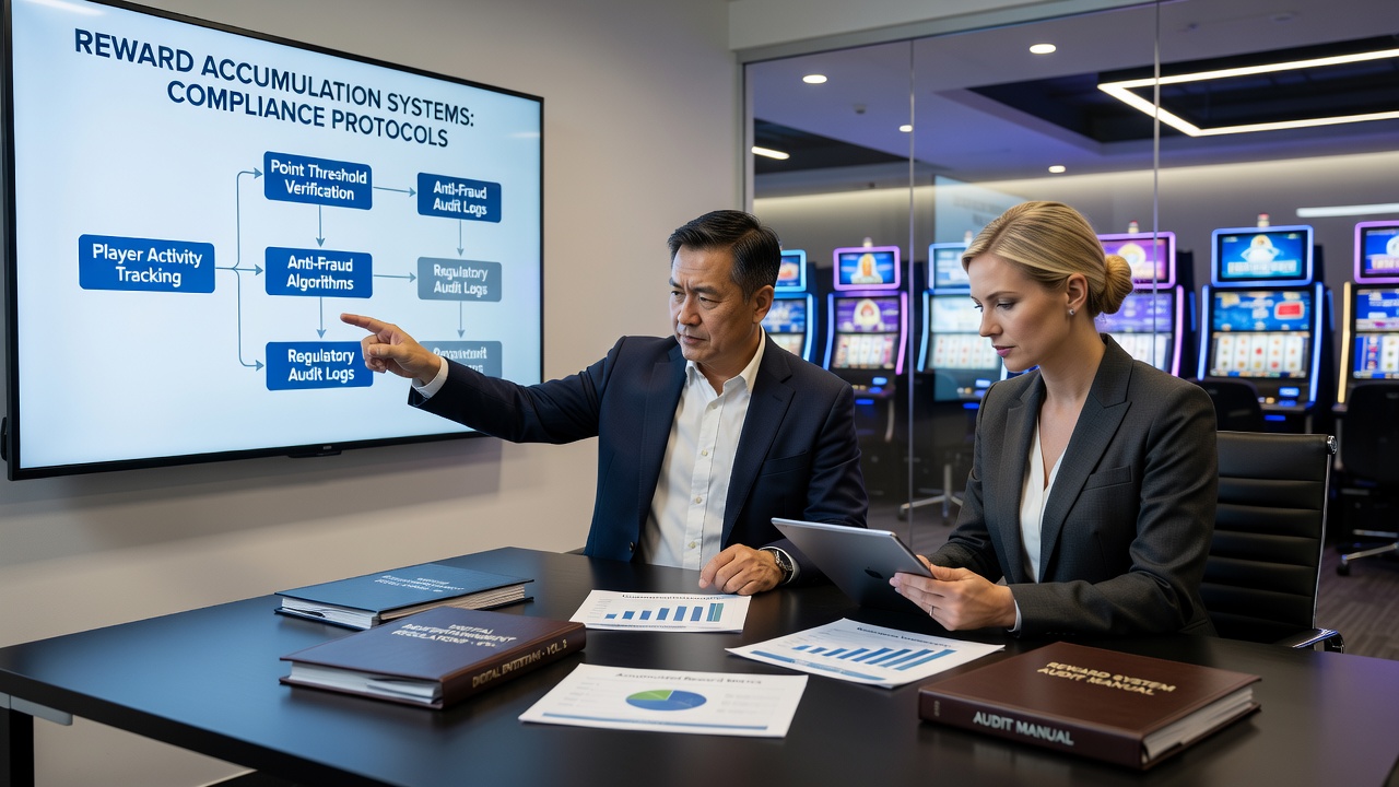 Regulatory compliance officers reviewing reward accumulation protocols on digital screens in a modern gaming control center