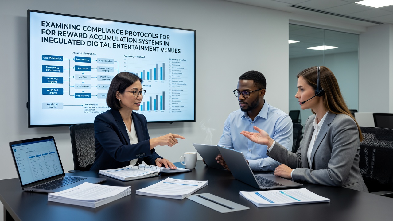 Compliance dashboard displaying real-time reward accumulation metrics and audit logs for digital entertainment platforms