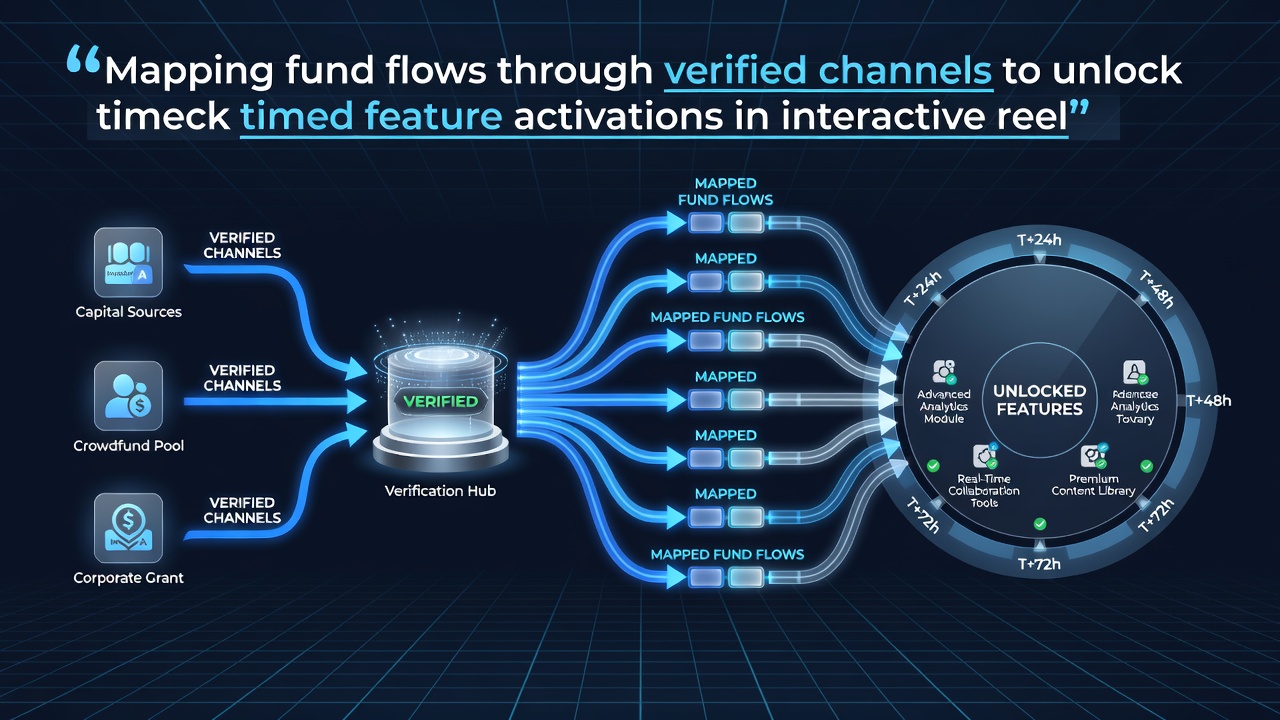 Flowchart of interactive reel session with fund mapping and timed feature unlock points