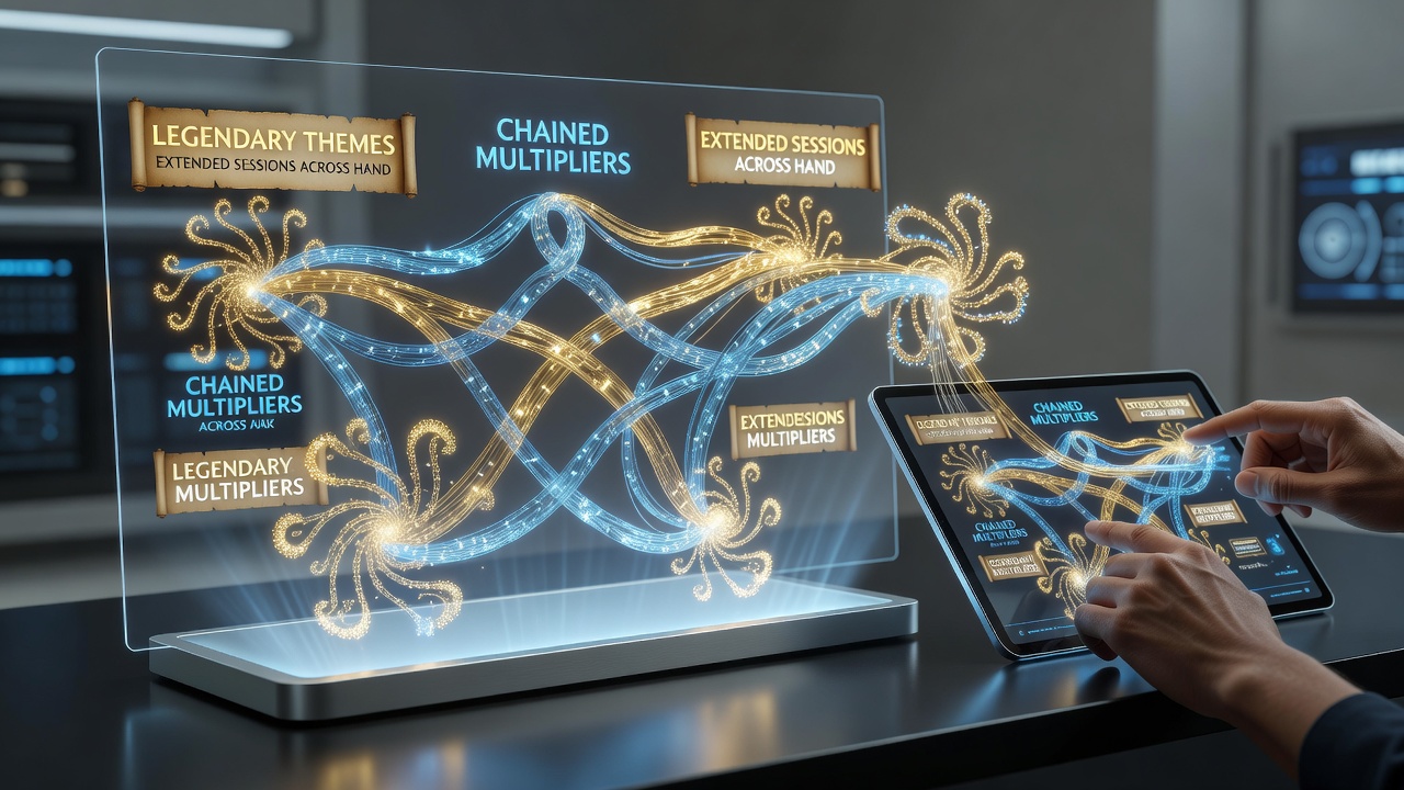 Close-up of extended mobile slot session with mythic symbols and accumulating multipliers