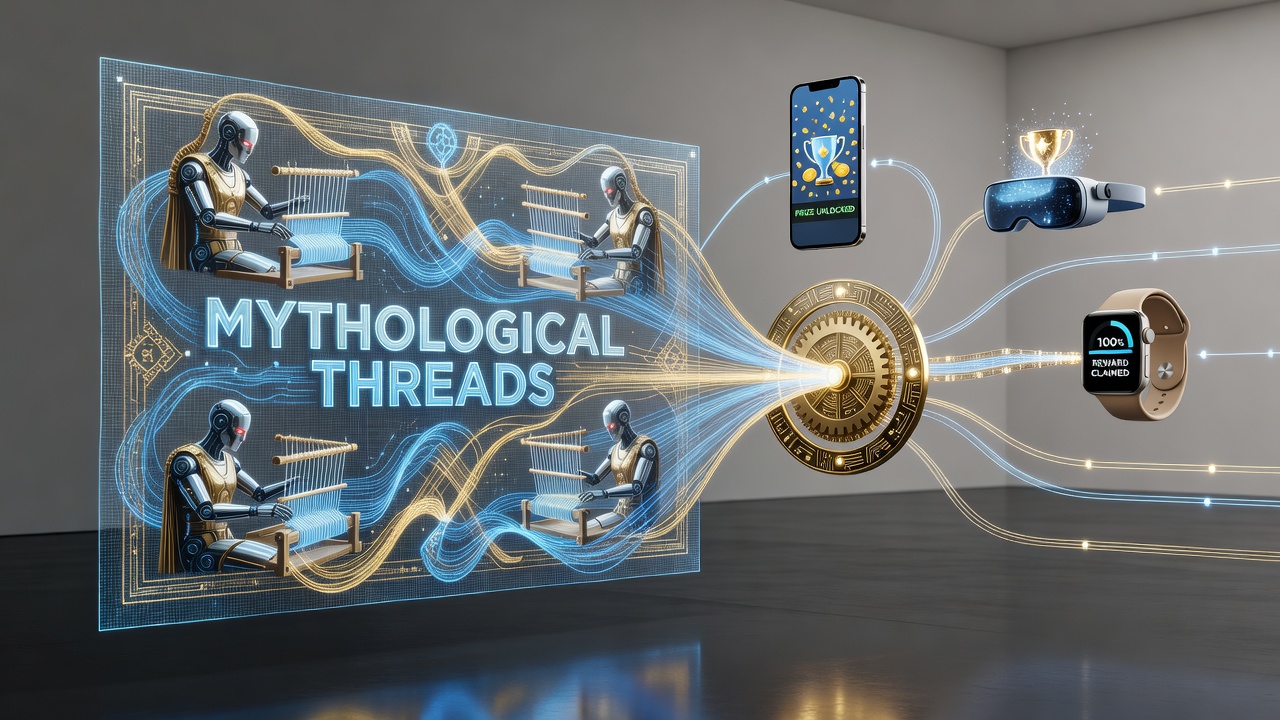 Illustration of ancient mythological figures integrated with modern slot machine reels and progressive jackpot displays