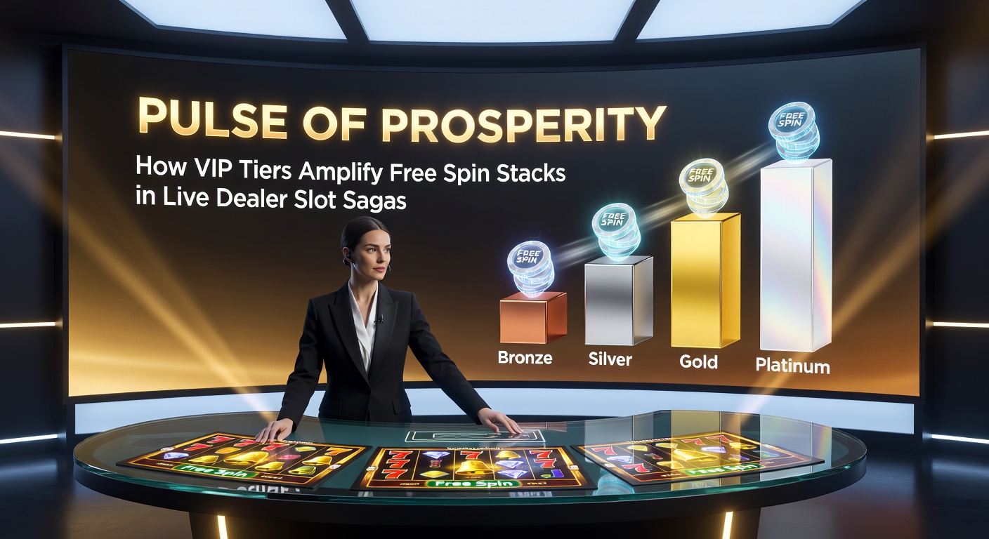 Close-up of a VIP dashboard showing amplified free spin stacks exploding in a live dealer slot saga, with tier progression bars filling rapidly