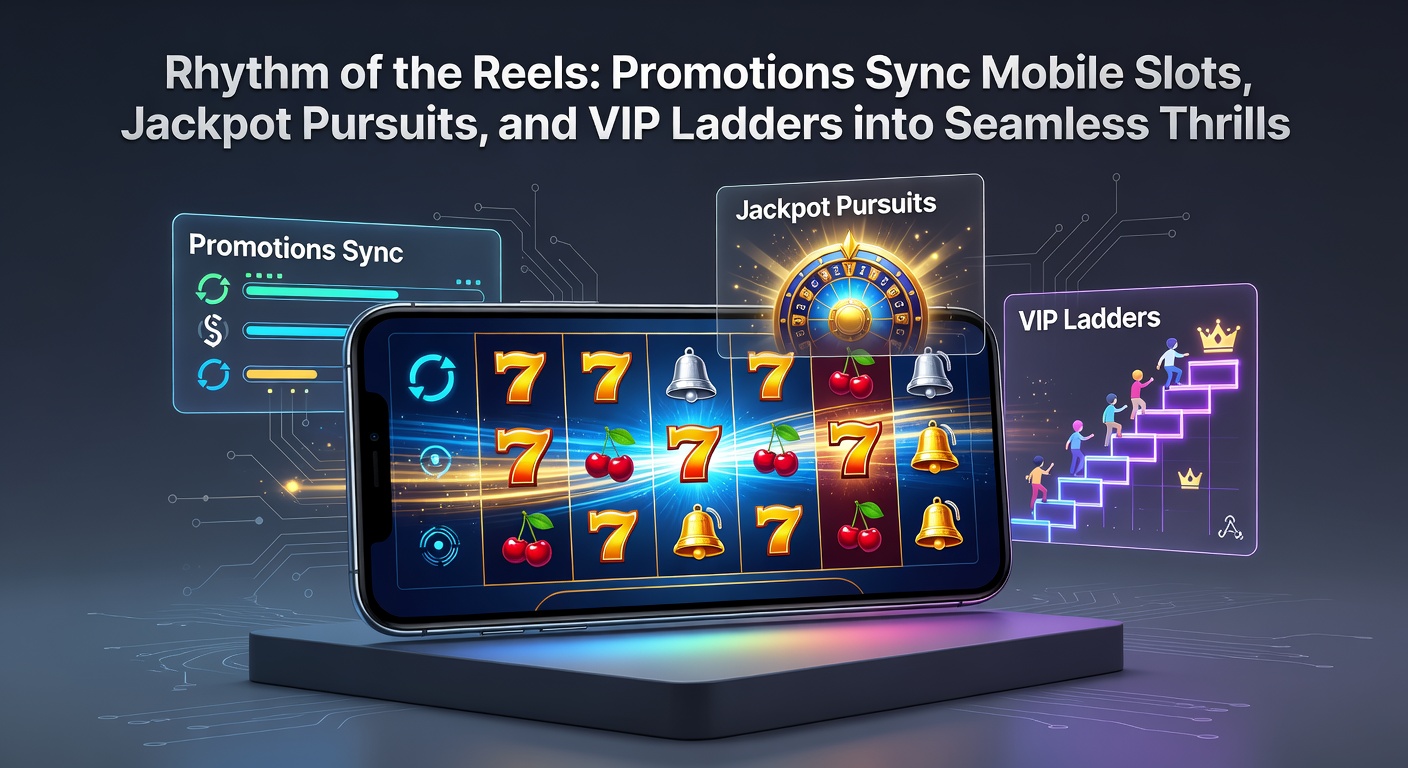 Vibrant mobile slot screen showing synced promotions, jackpots, and VIP badges glowing in rhythm