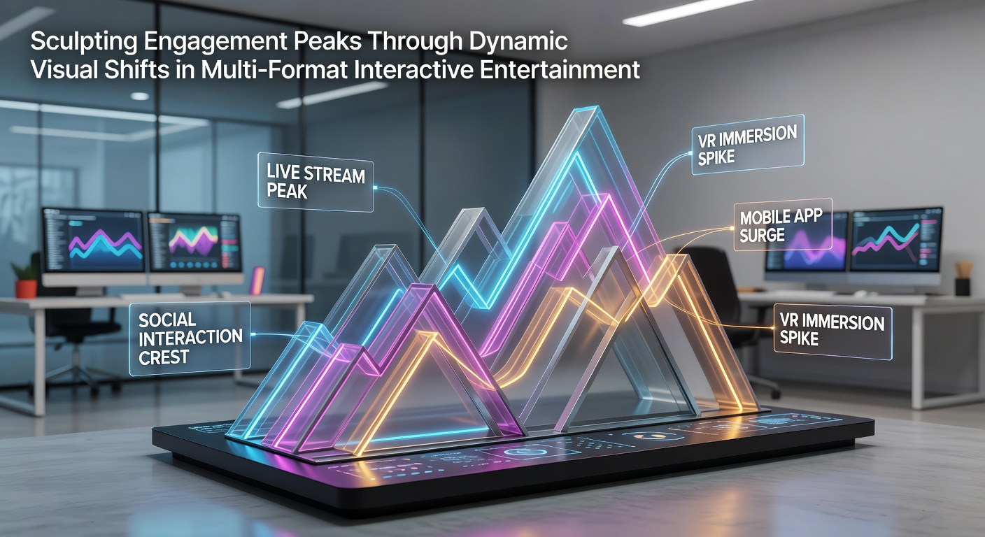 Multi-format interactive entertainment example with visual transitions between mobile, desktop, and VR interfaces