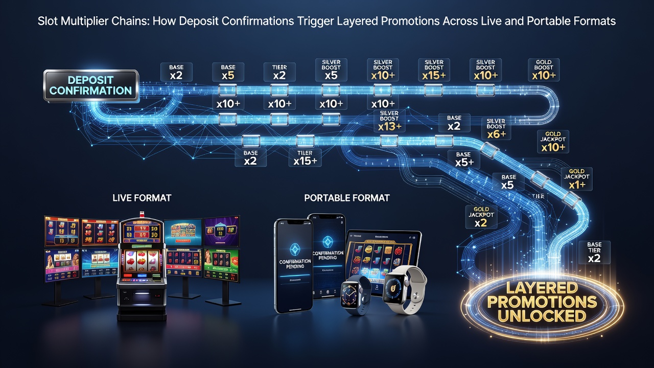 Illustration of slot multiplier chains activating across live dealer tables and mobile devices after deposit confirmation