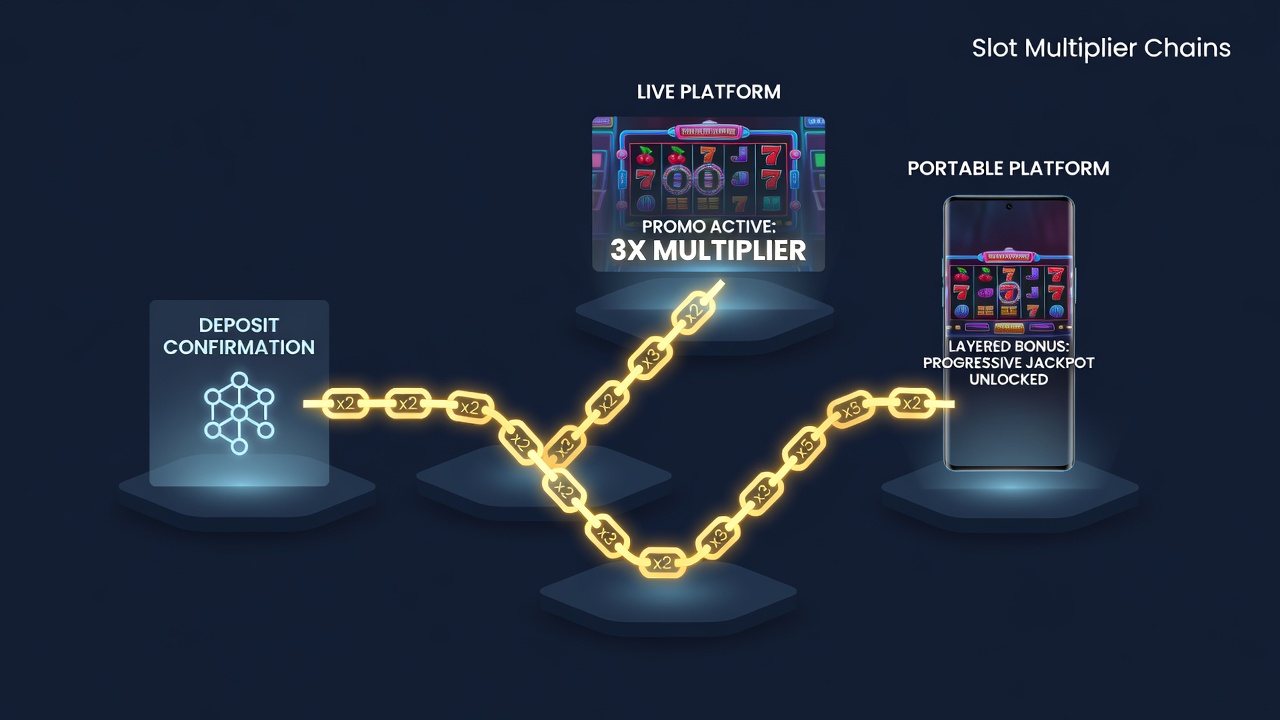 Comparison view of multiplier chains progressing on a live slot table and a mobile device screen