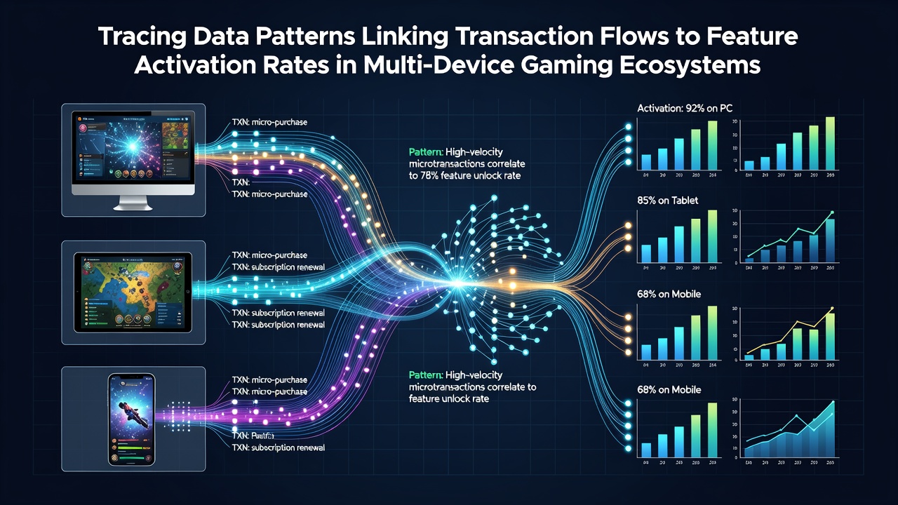 Data visualization dashboard showing transaction flows and feature activation patterns across gaming devices