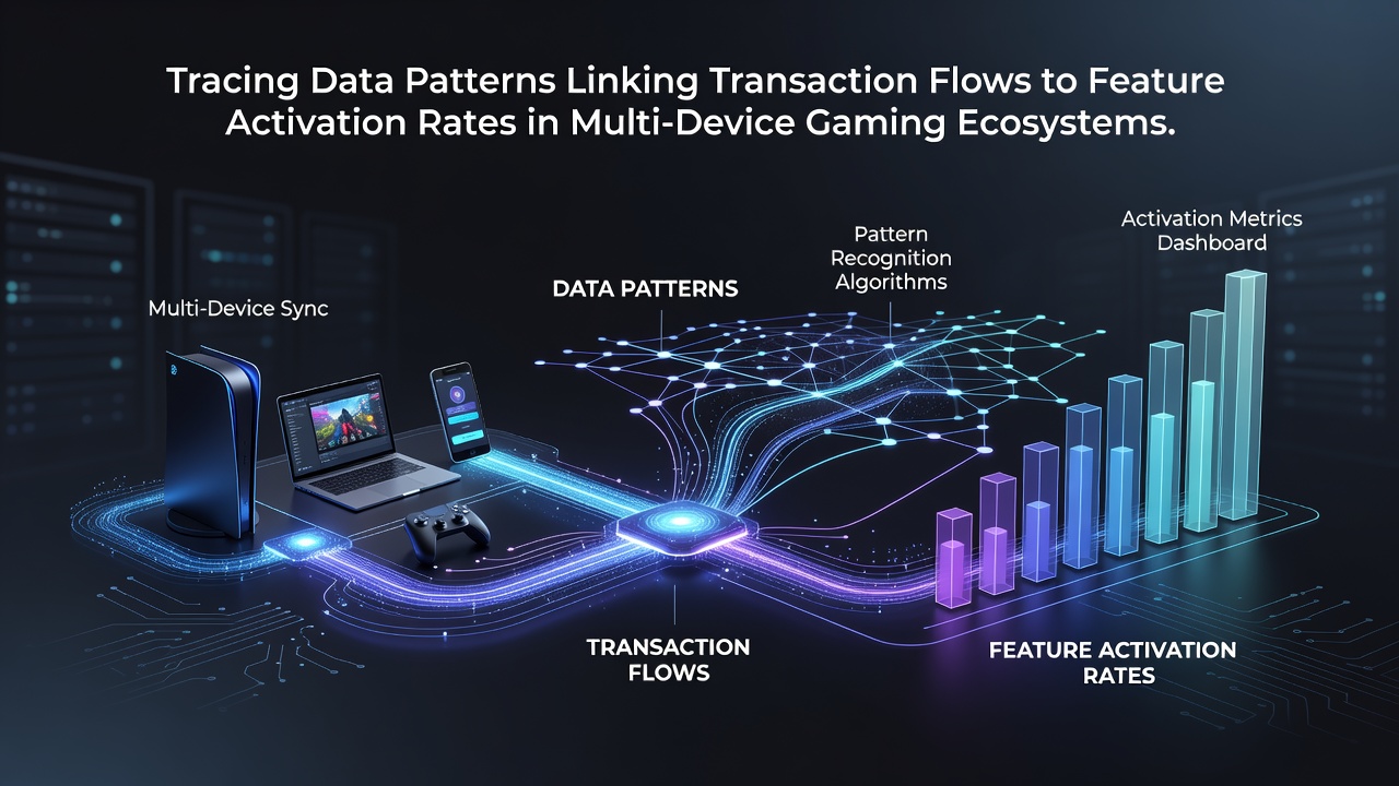 Network graph illustrating connections between user transactions and in-game feature activations on multiple devices
