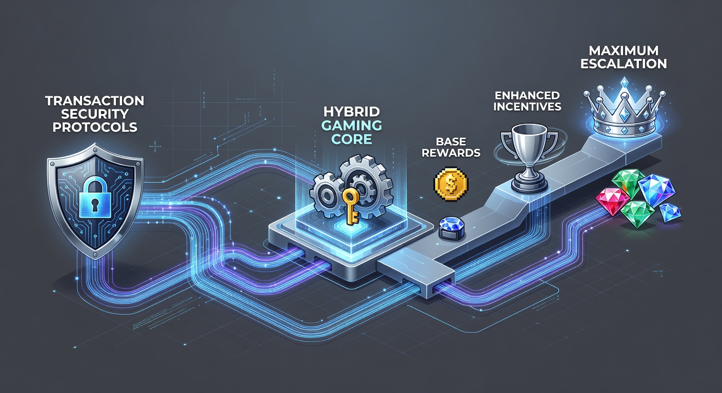 Data flow diagram showing encrypted transactions feeding into tiered reward escalation engines
