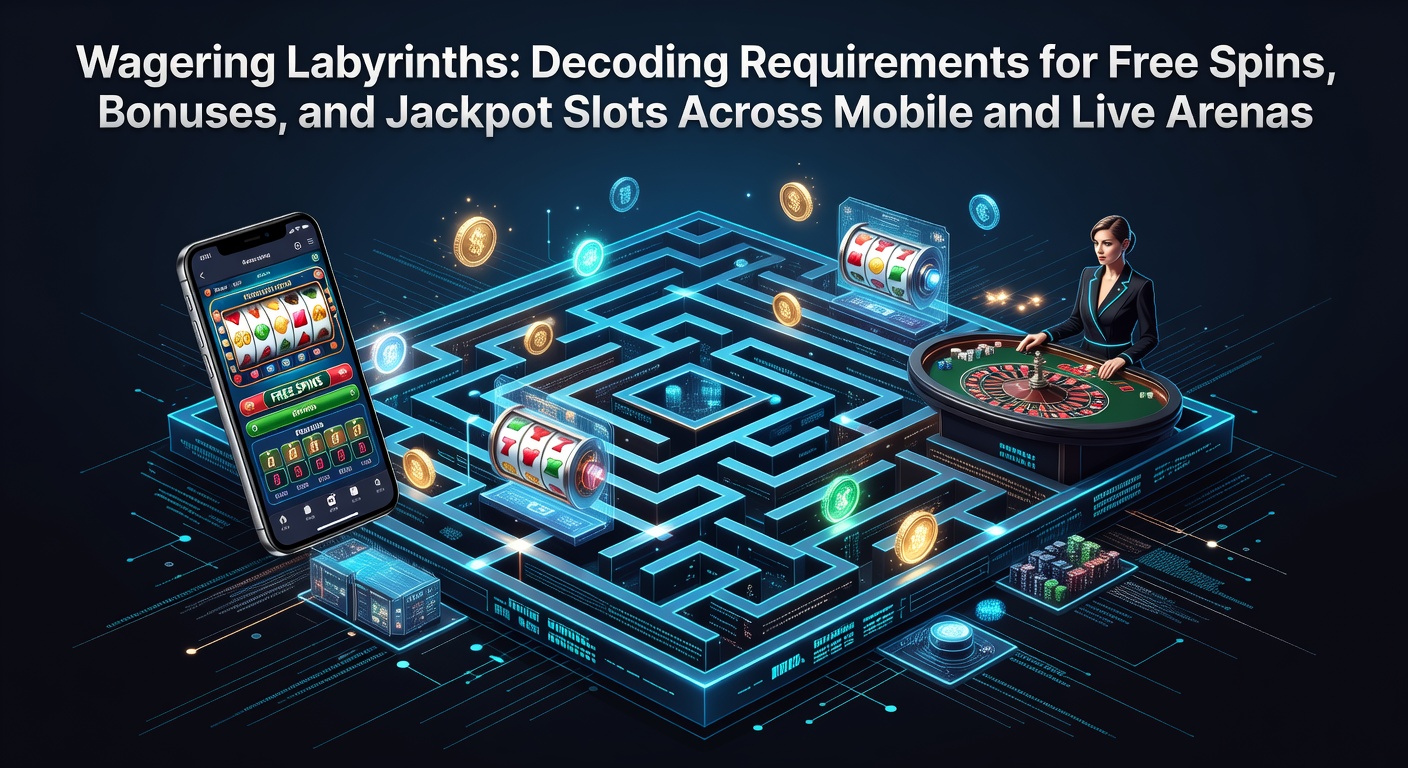 Illustration of a complex maze representing wagering requirements in online slots, with paths leading to free spins, bonuses, and jackpots on mobile and live platforms